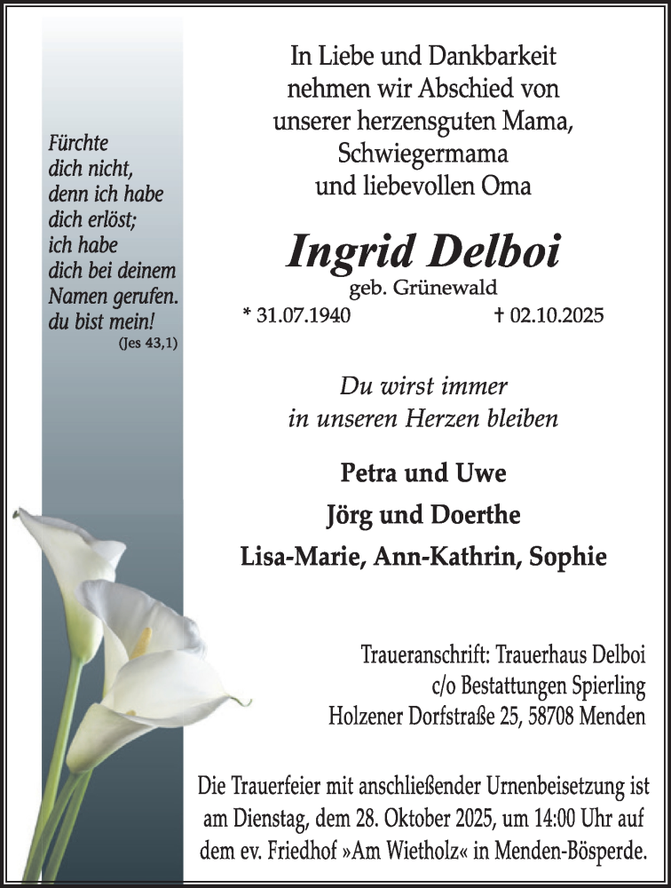  Traueranzeige für Ingrid Delboi vom 11.10.2025 aus Tageszeitung