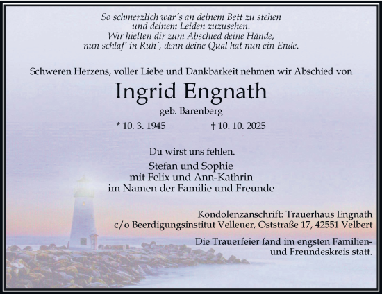 Traueranzeige von Ingrid Engnath von Tageszeitung
