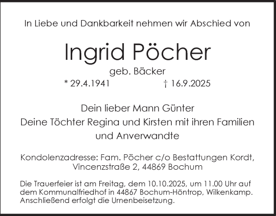Traueranzeige von Ingrid Pöcher von Tageszeitung
