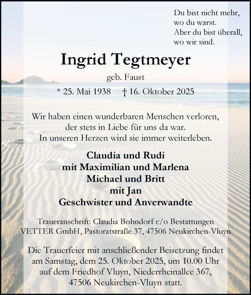  Traueranzeige für Ingrid Tegtmeyer vom 22.10.2025 aus Tageszeitung