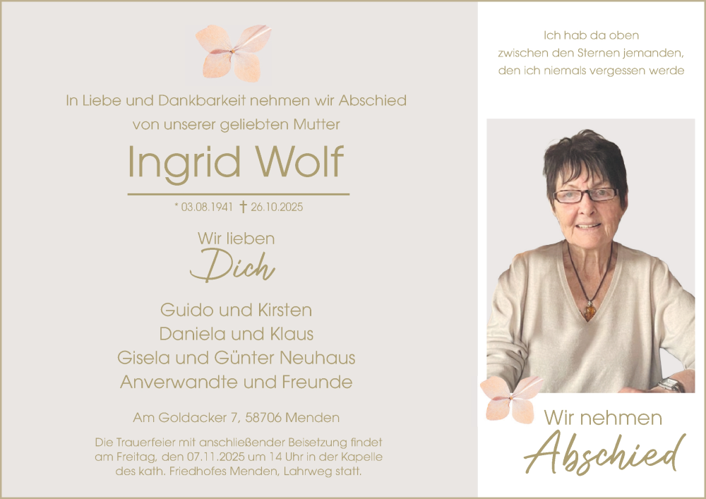  Traueranzeige für Ingrid Wolf vom 01.11.2025 aus Tageszeitung