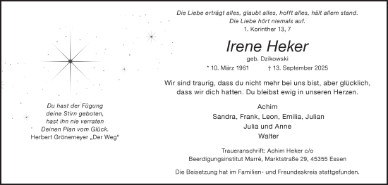 Traueranzeige von Irene Heker von Tageszeitung