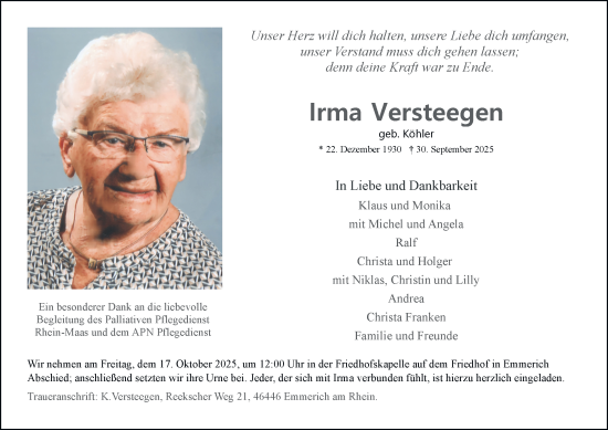 Traueranzeige von Irma Versteegen von Tageszeitung
