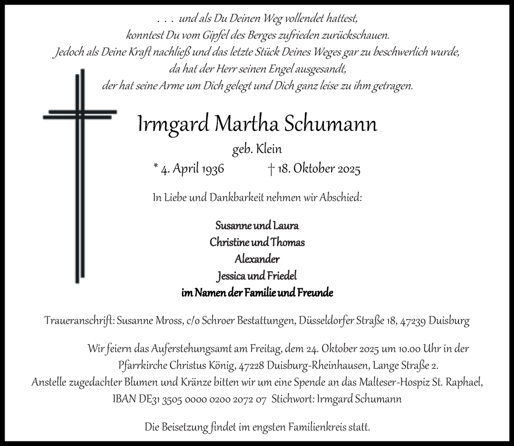  Traueranzeige für Irmgard Martha Schumann vom 22.10.2025 aus Tageszeitung