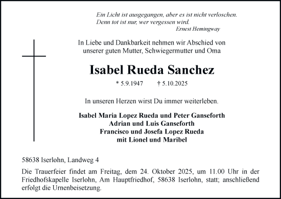 Traueranzeige von Isabel Rueda Sanchez von Tageszeitung