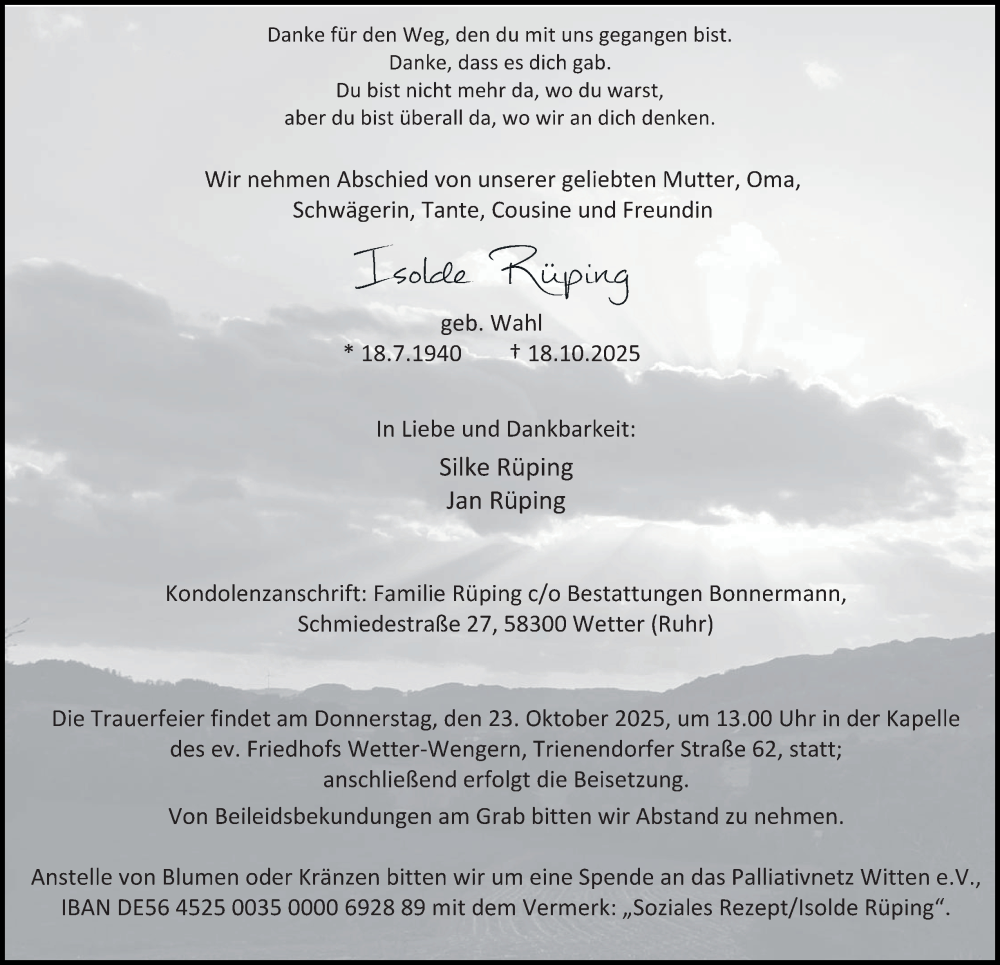  Traueranzeige für Isolde Rüping vom 22.10.2025 aus Tageszeitung
