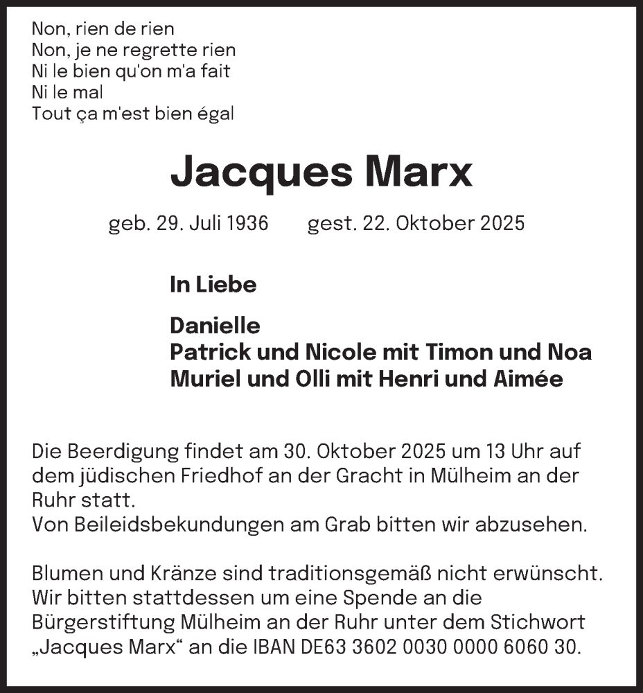  Traueranzeige für Jacques Marx vom 25.10.2025 aus Tageszeitung