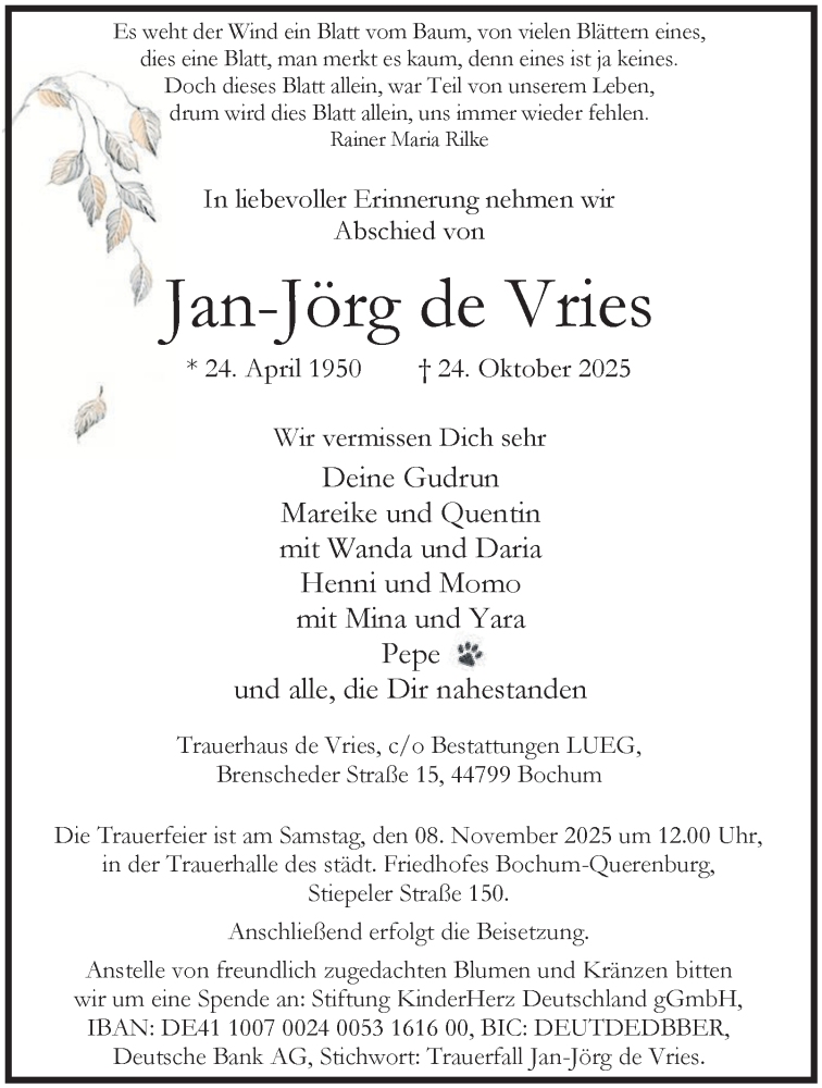  Traueranzeige für Jan-Jörg de Vries vom 01.11.2025 aus Tageszeitung