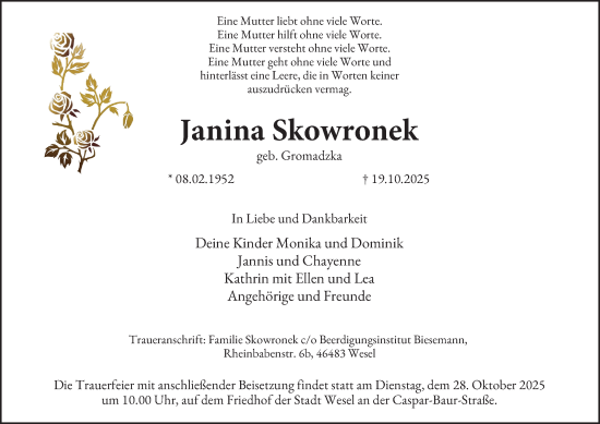 Traueranzeige von Janina Skowronek von Tageszeitung