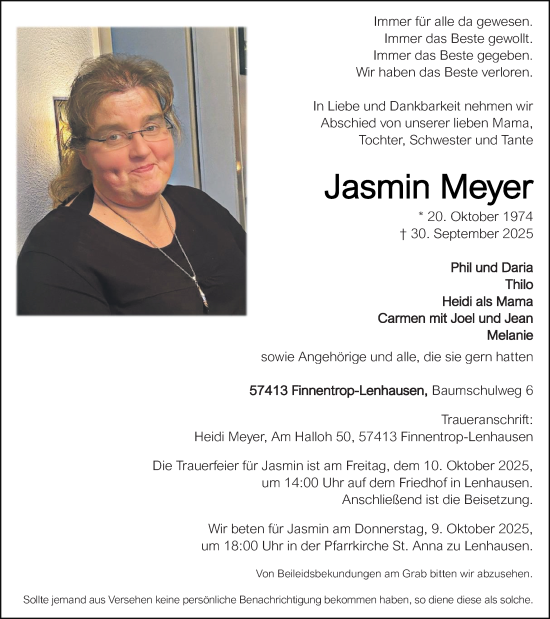 Traueranzeige von Jasmin Meyer von Tageszeitung