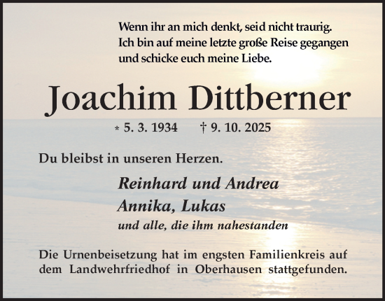 Traueranzeige von Joachim Dittberner von Tageszeitung