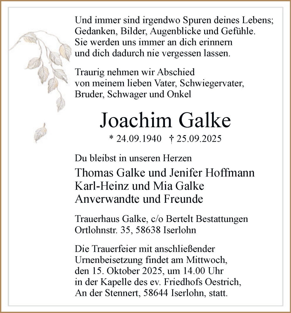  Traueranzeige für Joachim Galke vom 04.10.2025 aus Tageszeitung