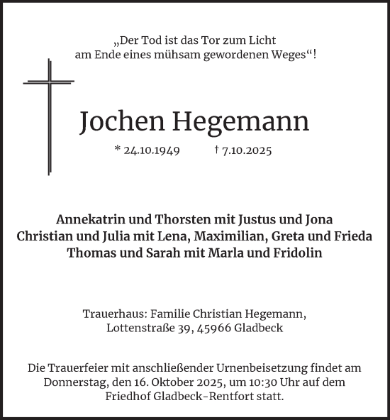 Traueranzeige von Jochen Hegemann von Tageszeitung