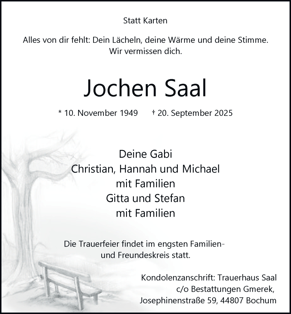  Traueranzeige für Jochen Saal vom 04.10.2025 aus Tageszeitung