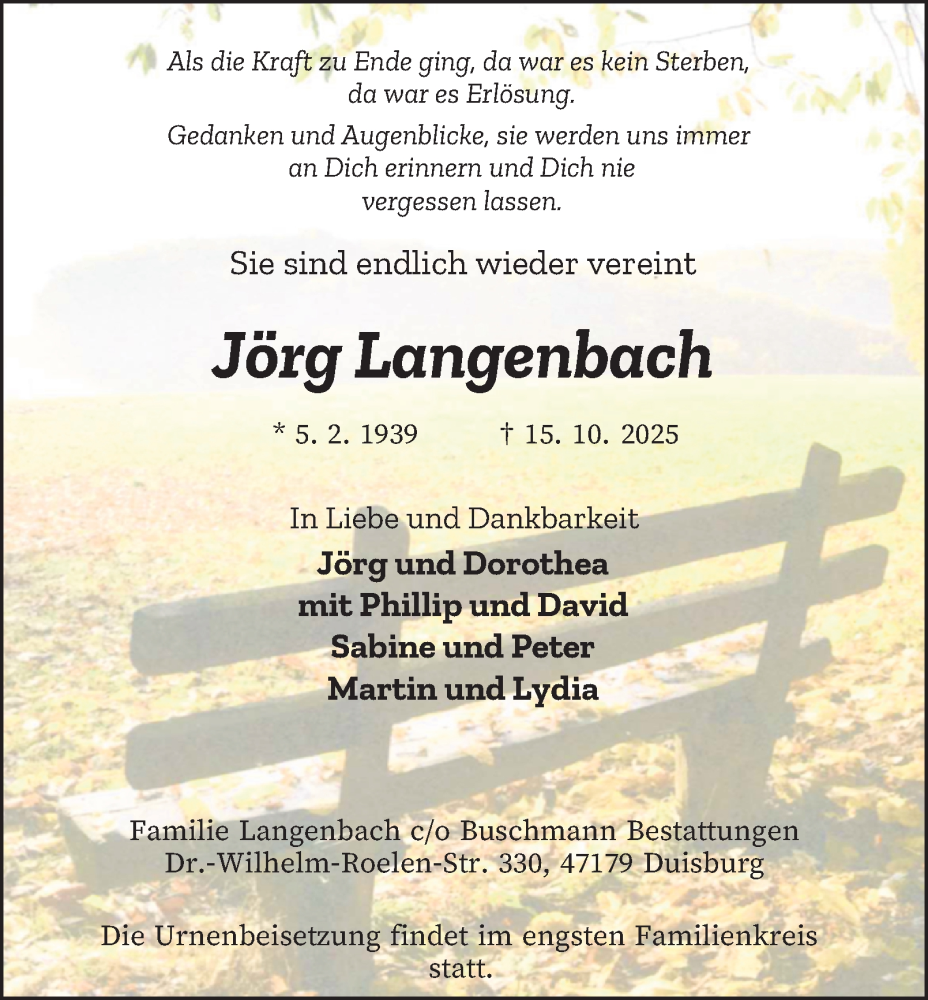  Traueranzeige für Jörg Langenbach vom 18.10.2025 aus Tageszeitung