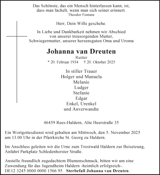 Traueranzeige von Johanna van Dreuten von Tageszeitung
