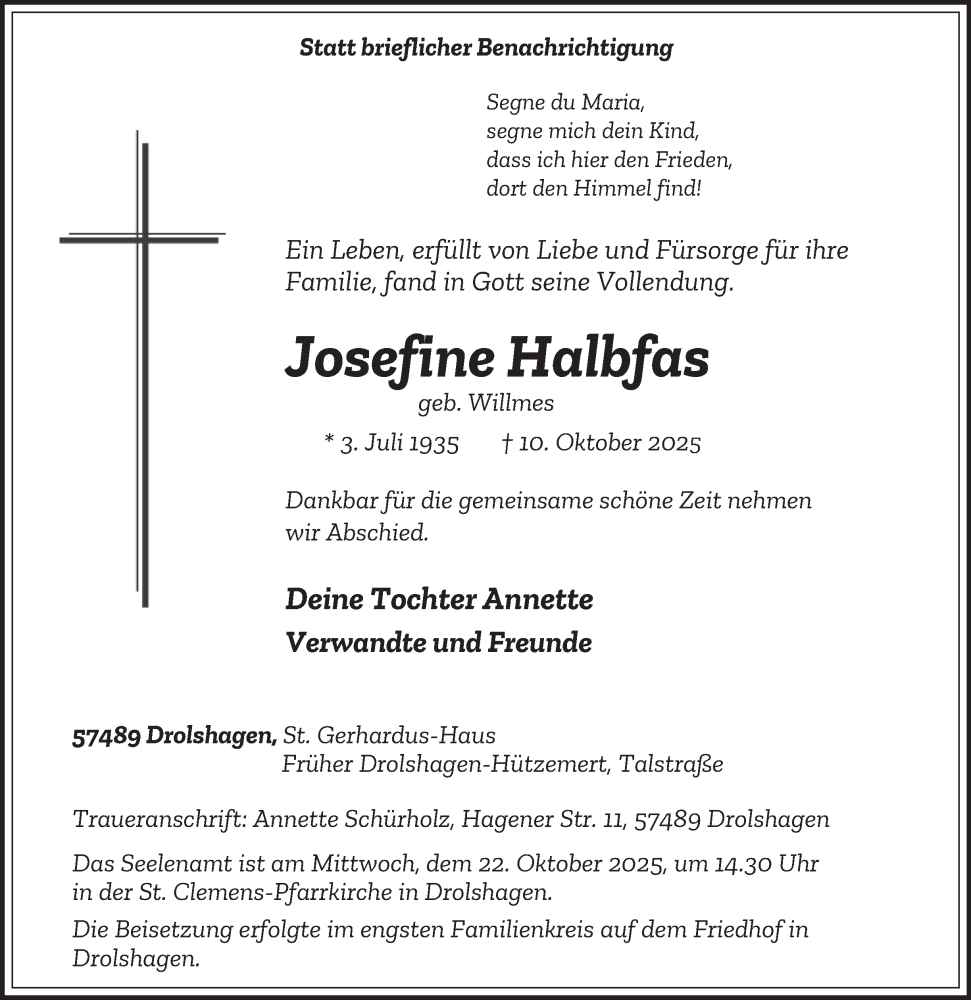  Traueranzeige für Josefine Halbfas vom 18.10.2025 aus Tageszeitung