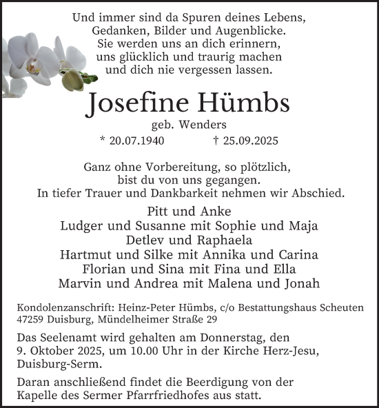 Traueranzeige von Josefine Hümbs von Tageszeitung