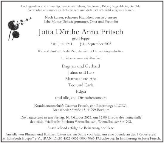 Traueranzeige von Jutta Dörthe Anna Fritsch von Tageszeitung