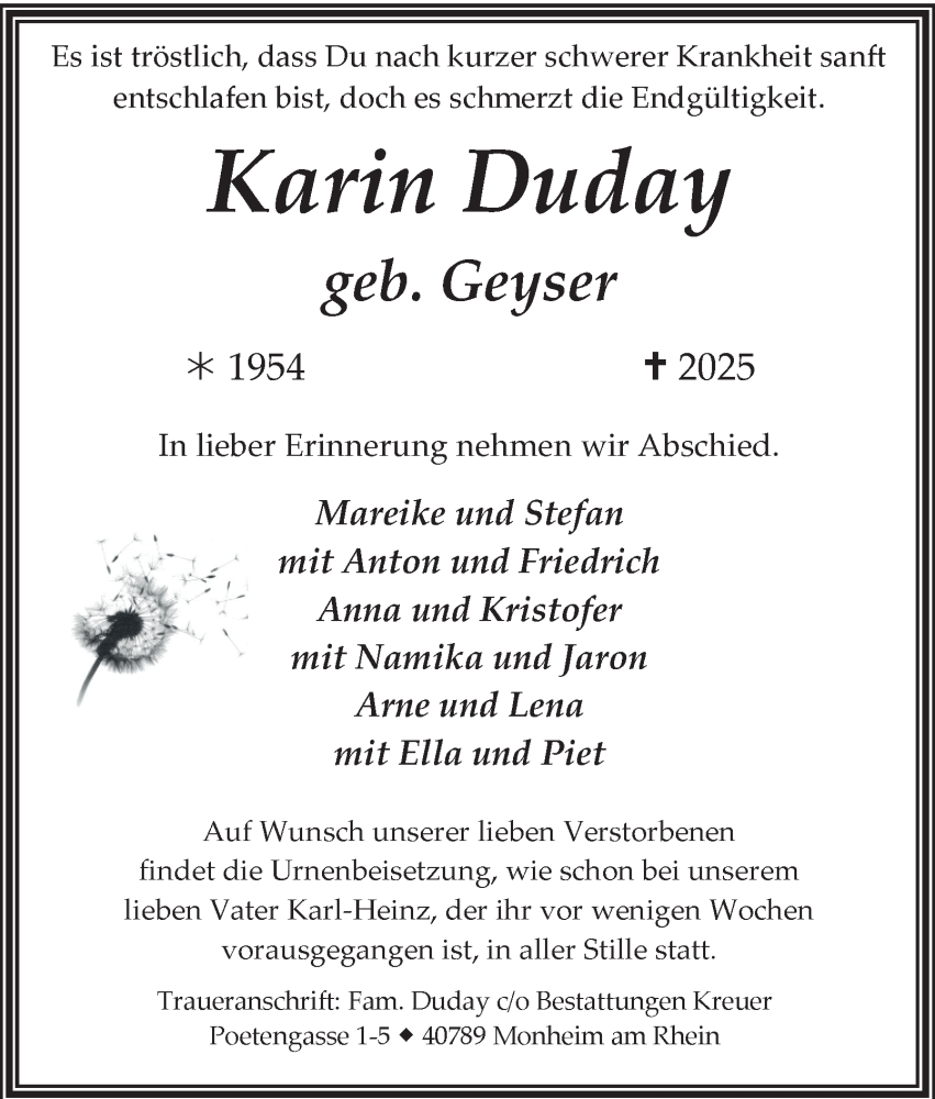  Traueranzeige für Karin Duday vom 04.10.2025 aus Tageszeitung