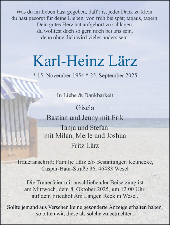 Traueranzeige von Karl-Heinz Lärz von Tageszeitung