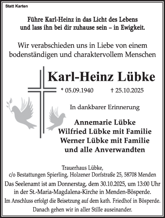 Traueranzeige von Karl-Heinz Lübke von Tageszeitung