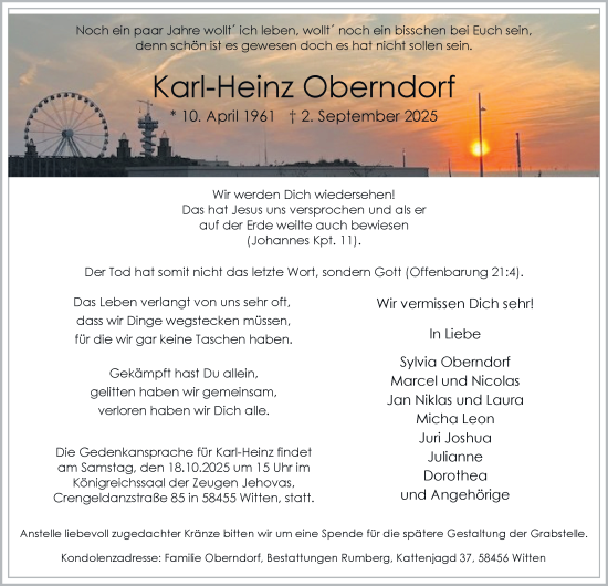Traueranzeige von Karl-Heinz Oberndorf von Tageszeitung