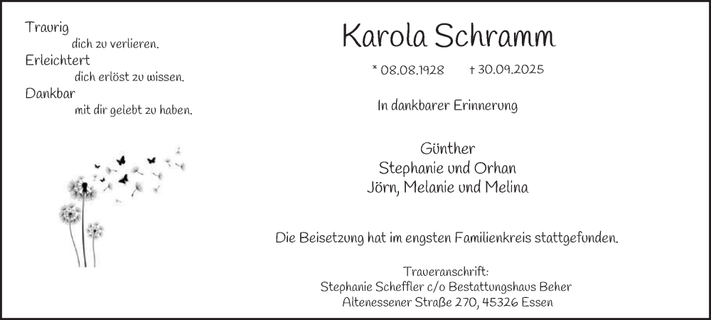  Traueranzeige für Karola Schramm vom 01.11.2025 aus Tageszeitung