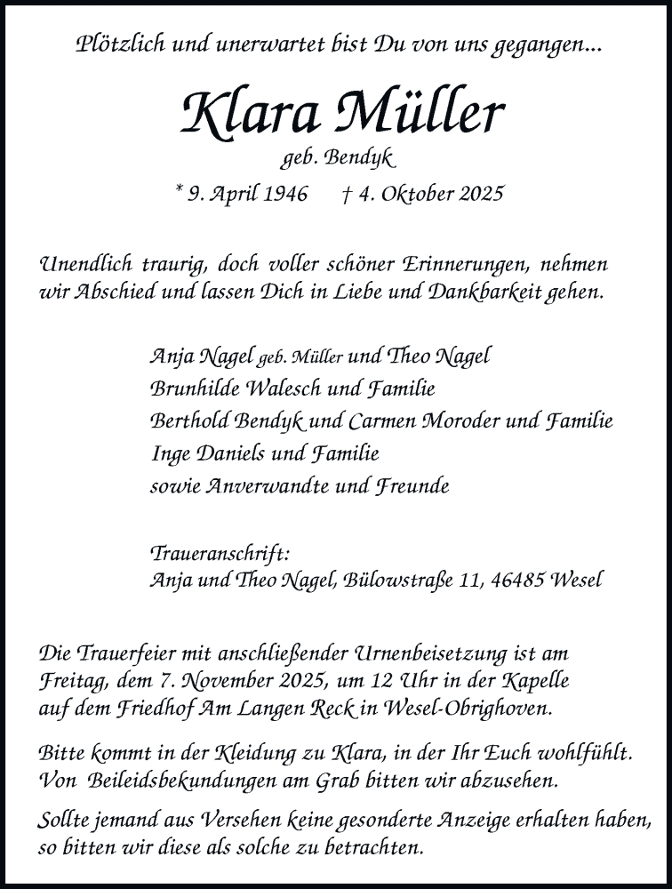  Traueranzeige für Klara Müller vom 01.11.2025 aus Tageszeitung