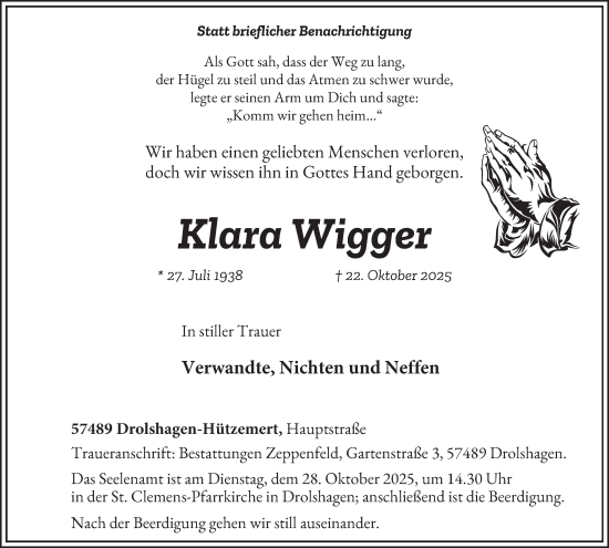 Traueranzeige von Klara Wigger von Tageszeitung