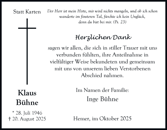 Traueranzeige von Klaus Bühne von Tageszeitung