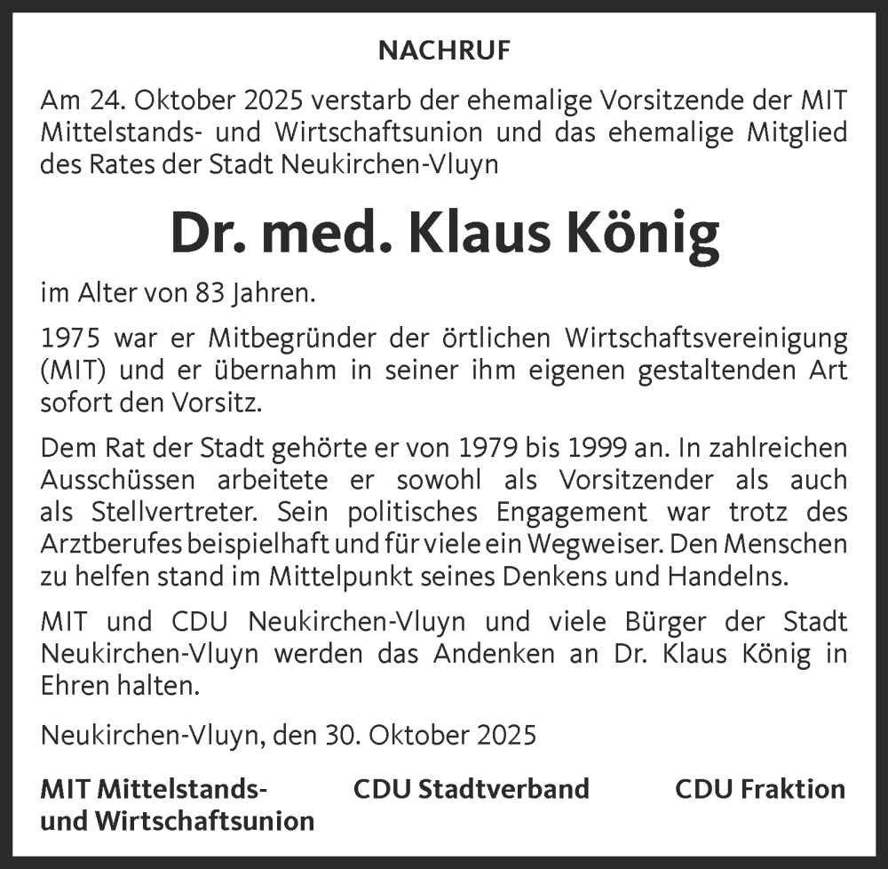  Traueranzeige für Klaus König vom 01.11.2025 aus Tageszeitung
