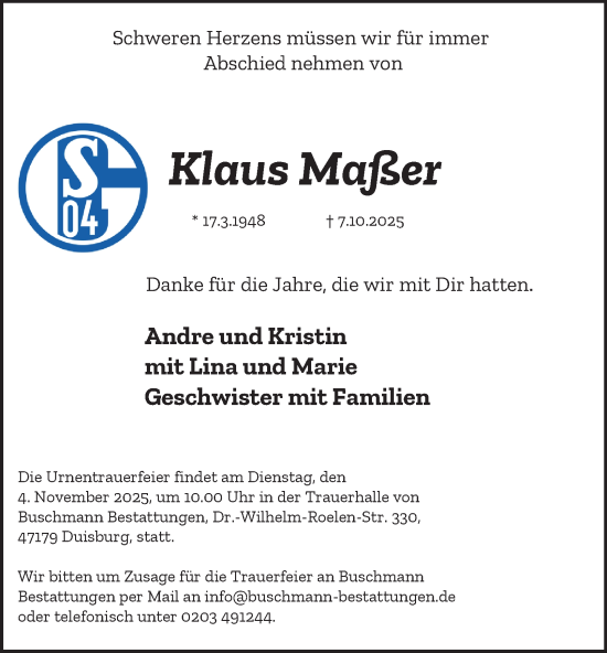 Traueranzeige von Klaus Maßer von Tageszeitung
