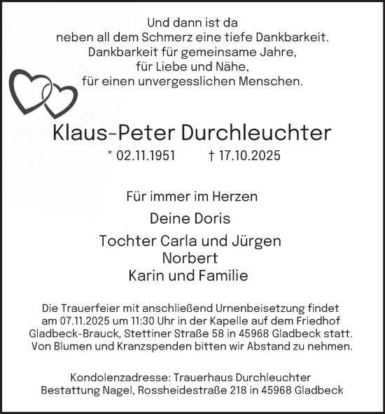 Traueranzeige von Klaus-Peter Durchleuchter von Tageszeitung