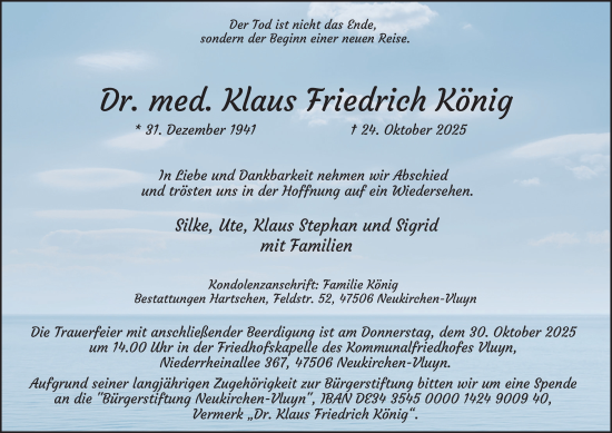 Traueranzeige von Klaus Friedrich König von Tageszeitung