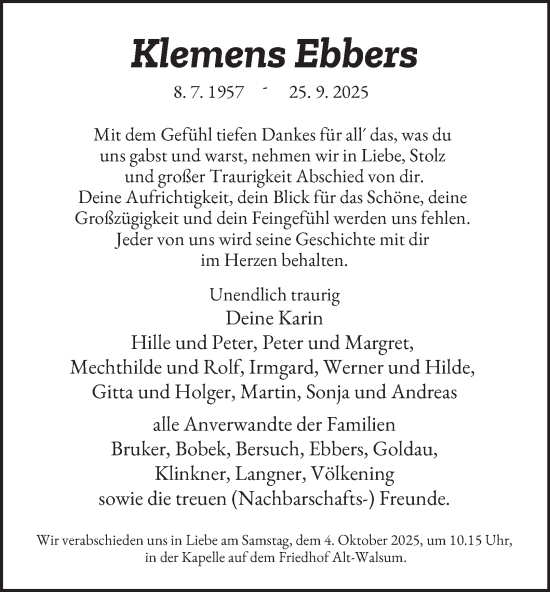 Traueranzeige von Klemens Ebbers von Tageszeitung