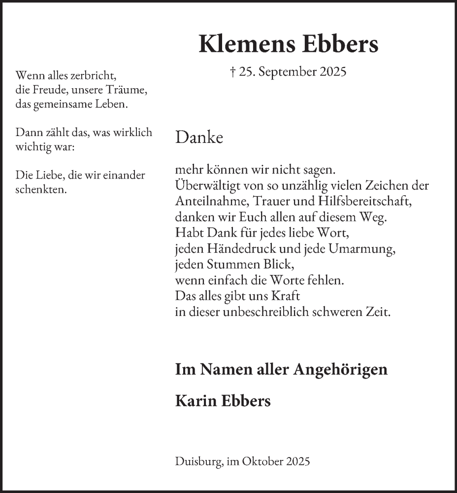  Traueranzeige für Klemens Ebbers vom 18.10.2025 aus Tageszeitung