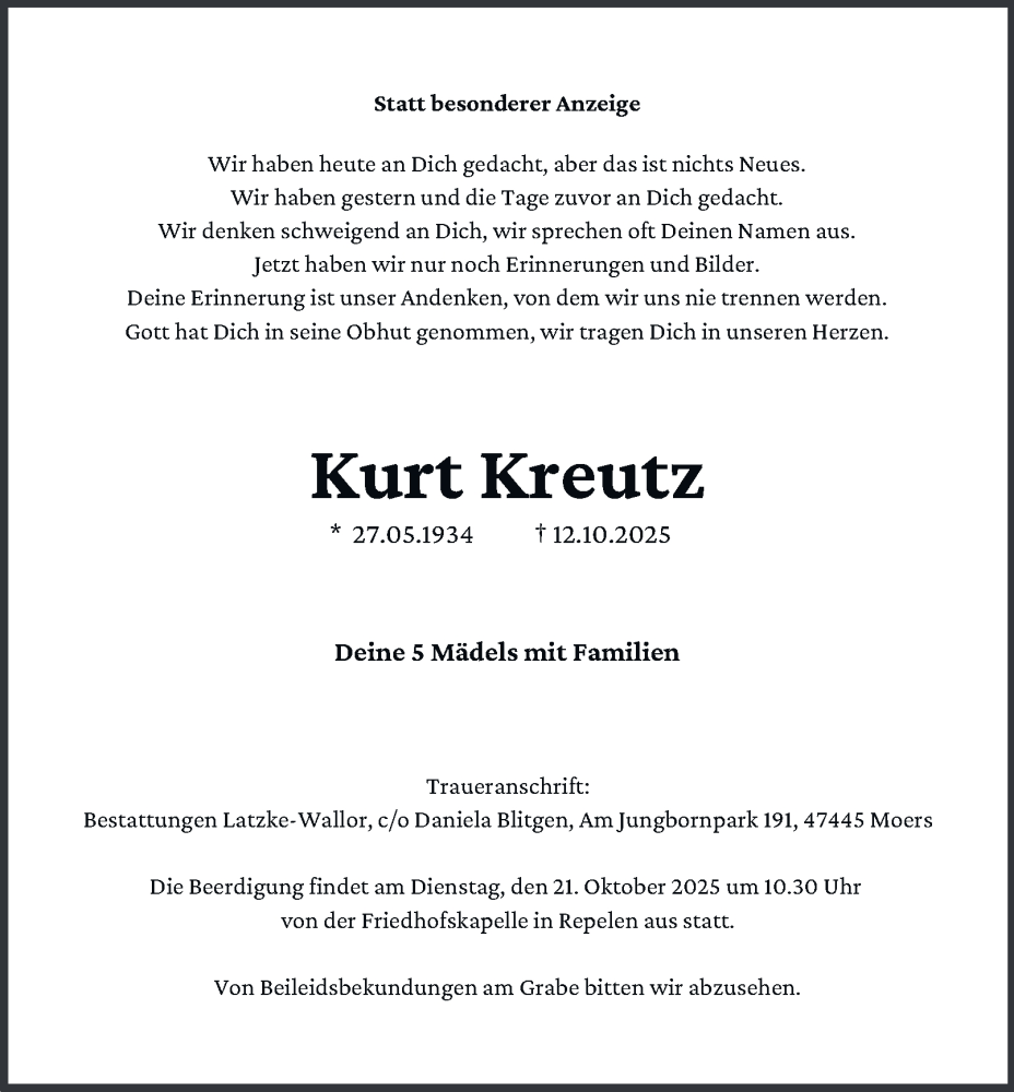  Traueranzeige für Kurt Kreutz vom 18.10.2025 aus Tageszeitung