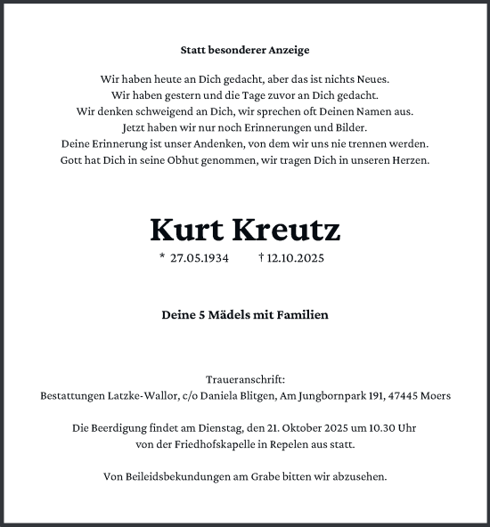 Traueranzeige von Kurt Kreutz von Tageszeitung