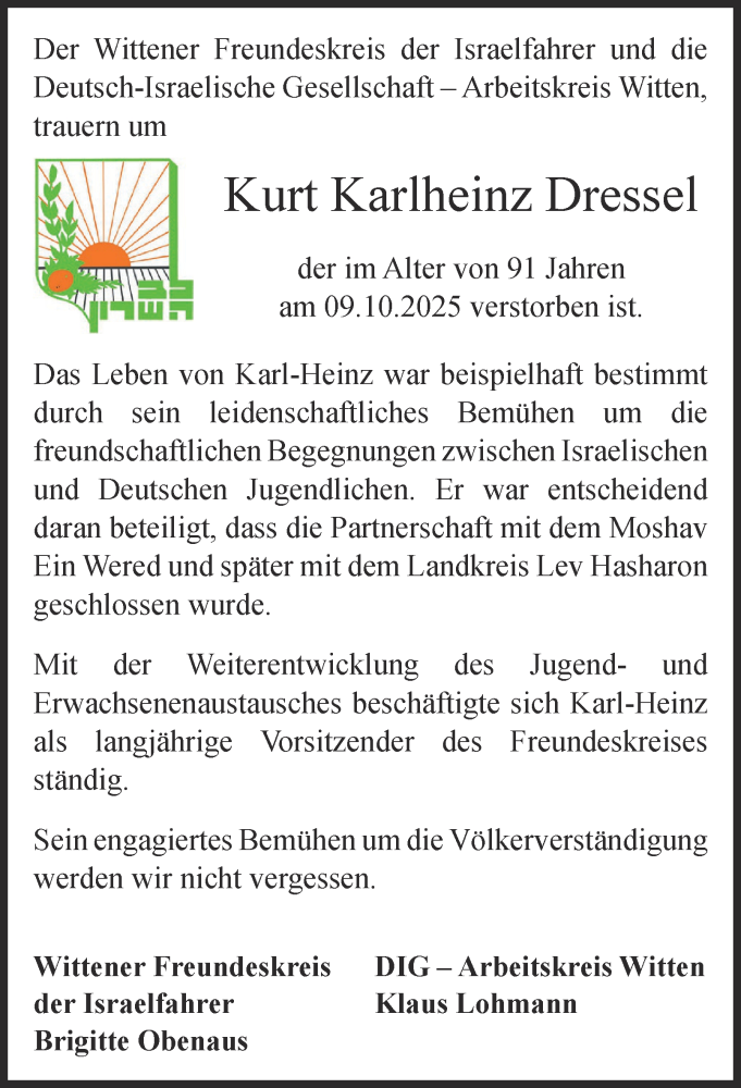  Traueranzeige für Kurt Karlheinz Dressel vom 18.10.2025 aus Tageszeitung