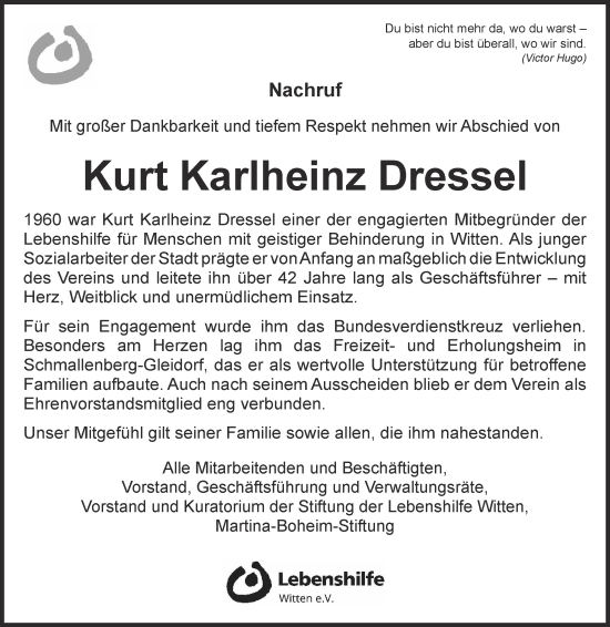 Traueranzeige von Kurt Karlheinz Dressel von Tageszeitung