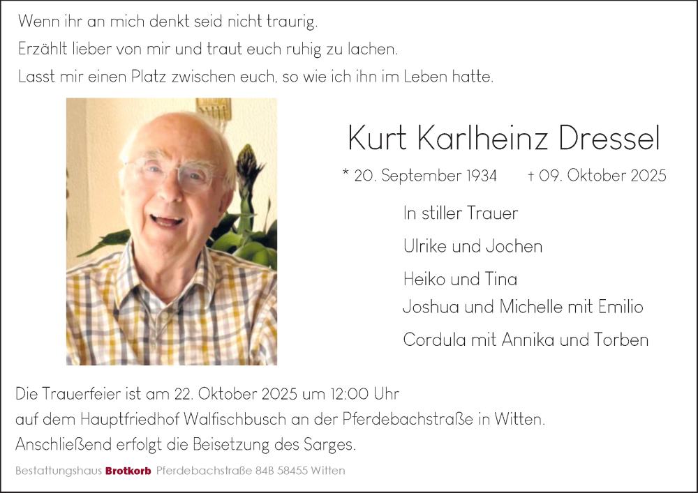  Traueranzeige für Kurt Karlheinz Dressel vom 18.10.2025 aus Tageszeitung