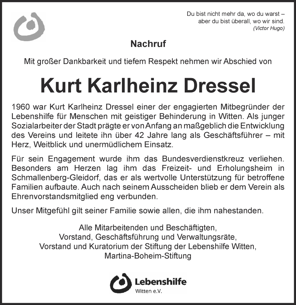 Traueranzeige für Kurt Karlheinz Dressel vom 25.10.2025 aus Tageszeitung