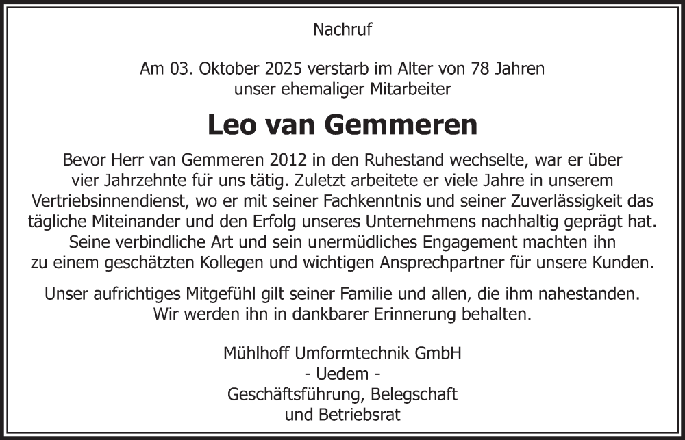  Traueranzeige für Leo van Gemmeren vom 22.10.2025 aus Tageszeitung