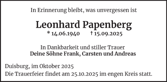 Traueranzeige von Leonhard Papenberg von Tageszeitung