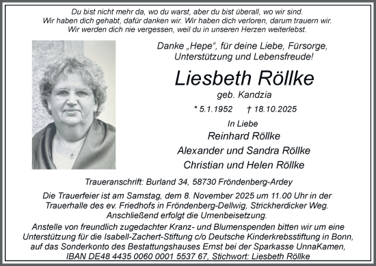 Traueranzeige von Liesbeth Röllke von Tageszeitung