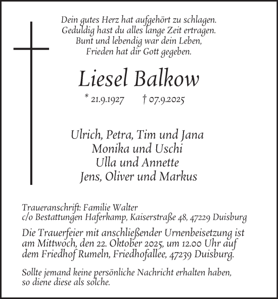 Traueranzeige von Liesel Balkow von Tageszeitung