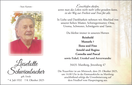 Traueranzeige von Lieselotte Schwienbacher von Tageszeitung