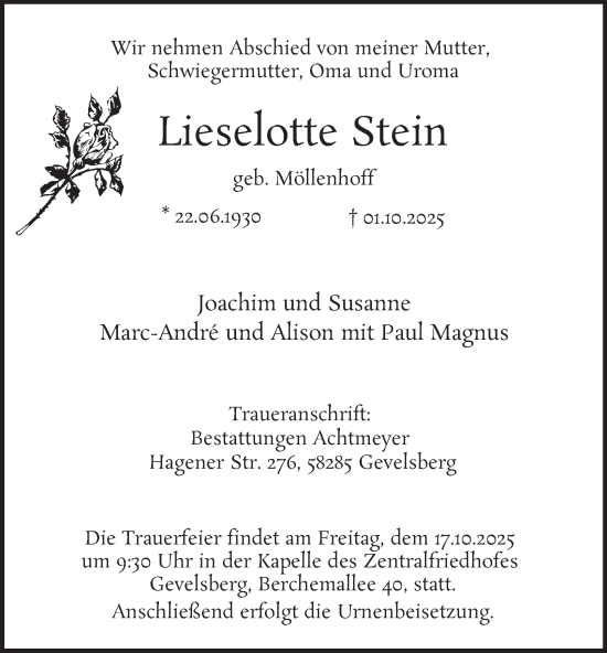 Traueranzeige von Lieselotte Stein von Tageszeitung