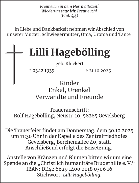 Traueranzeige von Lilli Hagebölling von Tageszeitung